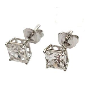 14K White Gold Clear Lab Grown Sapphire Princess Cut Posts Earrings